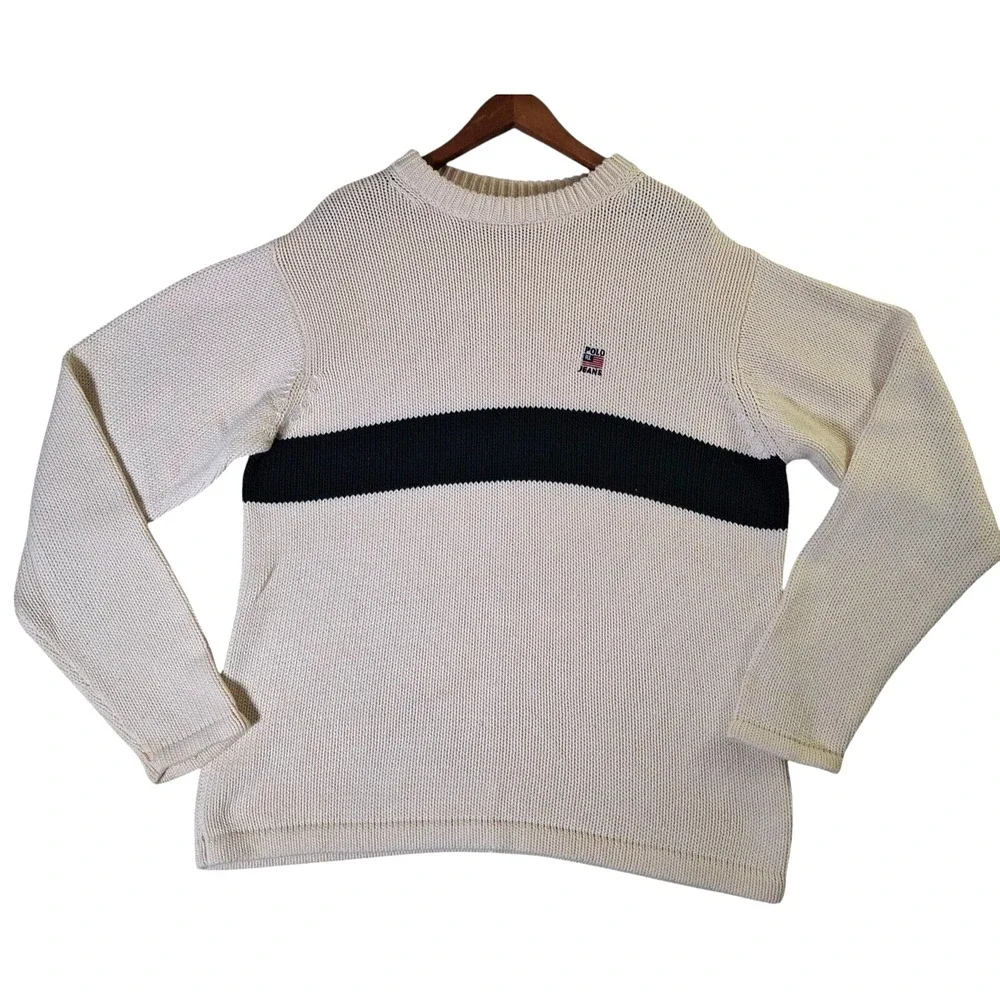 Polo Jeans Ralph Lauren Sweater XL Off-White Ribbed Knit Heavy Striped